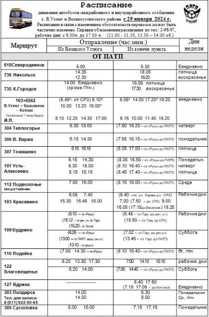 Актуальное расписание движения автобусов Великоустюгского ПАТП с 29 января 2024 года.