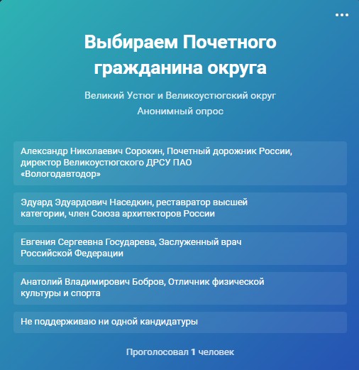 Выбираем «Почетного гражданина Великоустюгского муниципального округа». Выбираем «Почетного гражданина Великоустюгского муниципального округа».