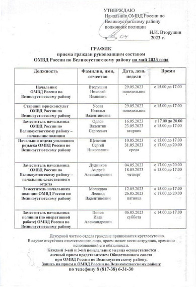График приема граждан руководящим составом ОМВД России по Великоустюгскому району на май 2023. График приема граждан руководящим составом ОМВД России по Великоустюгскому району на май 2023.