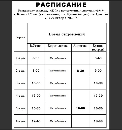 Внимание! Изменение расписания рейсов теплохода «К-7» с несамоходным паромом по маршруту г. Великий Устюг (ул. Васендина) – п. Кузино (остров) – д. Аристово с 4 сентября. Внимание! Изменение расписания рейсов теплохода «К-7» с несамоходным паромом по маршруту г. Великий Устюг (ул. Васендина) – п. Кузино (остров) – д. Аристово с 4 сентября.