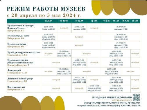 РЕЖИМ РАБОТЫ ВЕЛИКОУСТЮГСКОГО МУЗЕЯ-ЗАПОВЕДНИКА с 28 апреля по 5 мая. РЕЖИМ РАБОТЫ ВЕЛИКОУСТЮГСКОГО МУЗЕЯ-ЗАПОВЕДНИКА с 28 апреля по 5 мая.
